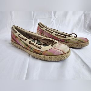 Sperry Top Sider Shoes Flats Pink Green Cream Plaid Cloth Espadrilles Size 8 M.s
